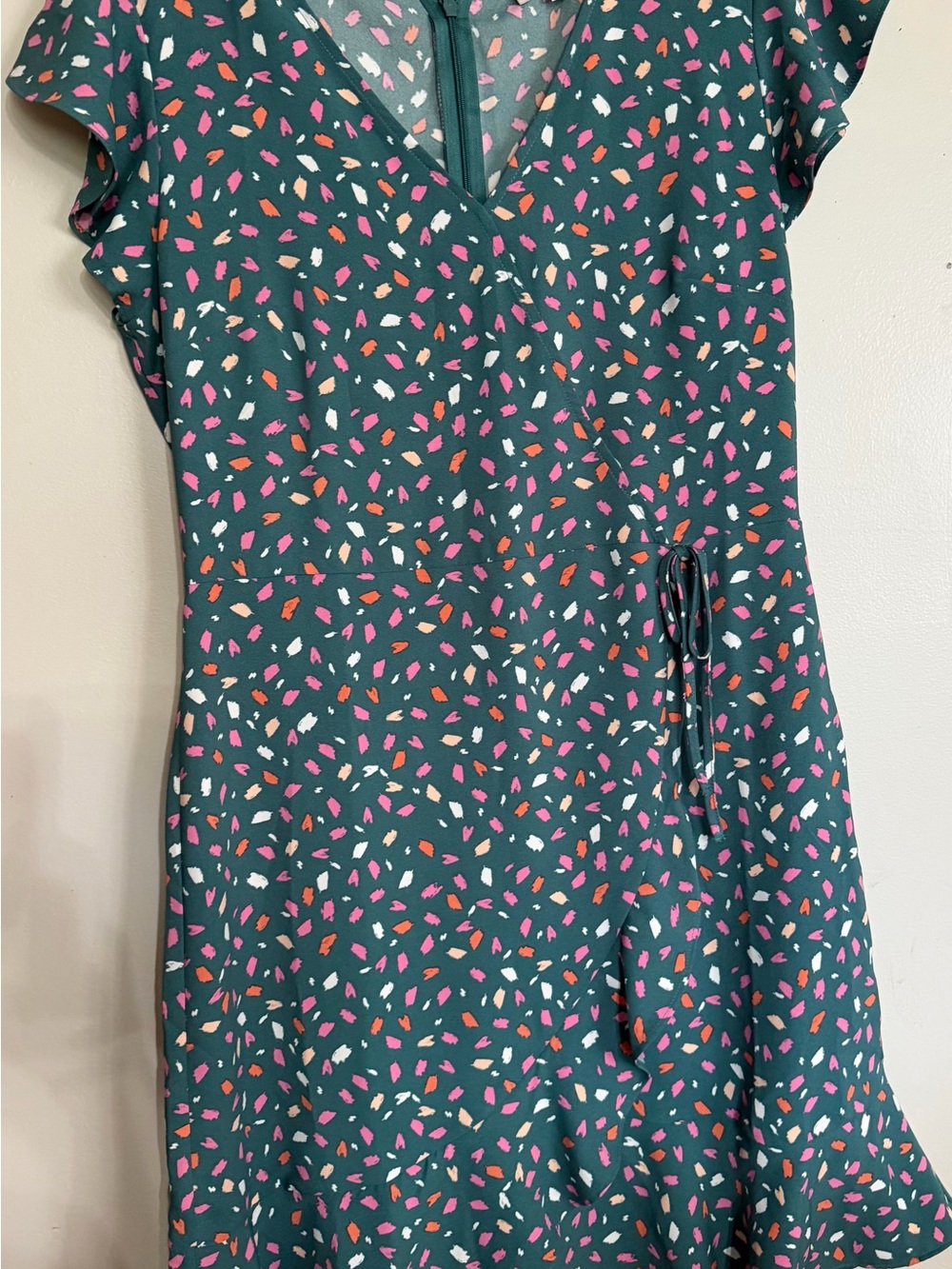 Loft Emerald Green Cap-Sleeve Tie-Waist Dress with Confetti Print